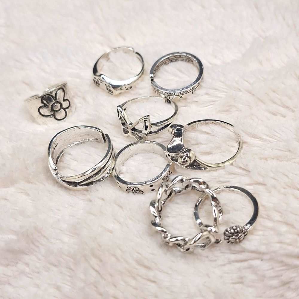 Adjustable rings heart, moon, frog,butterfly, flower boho ring set